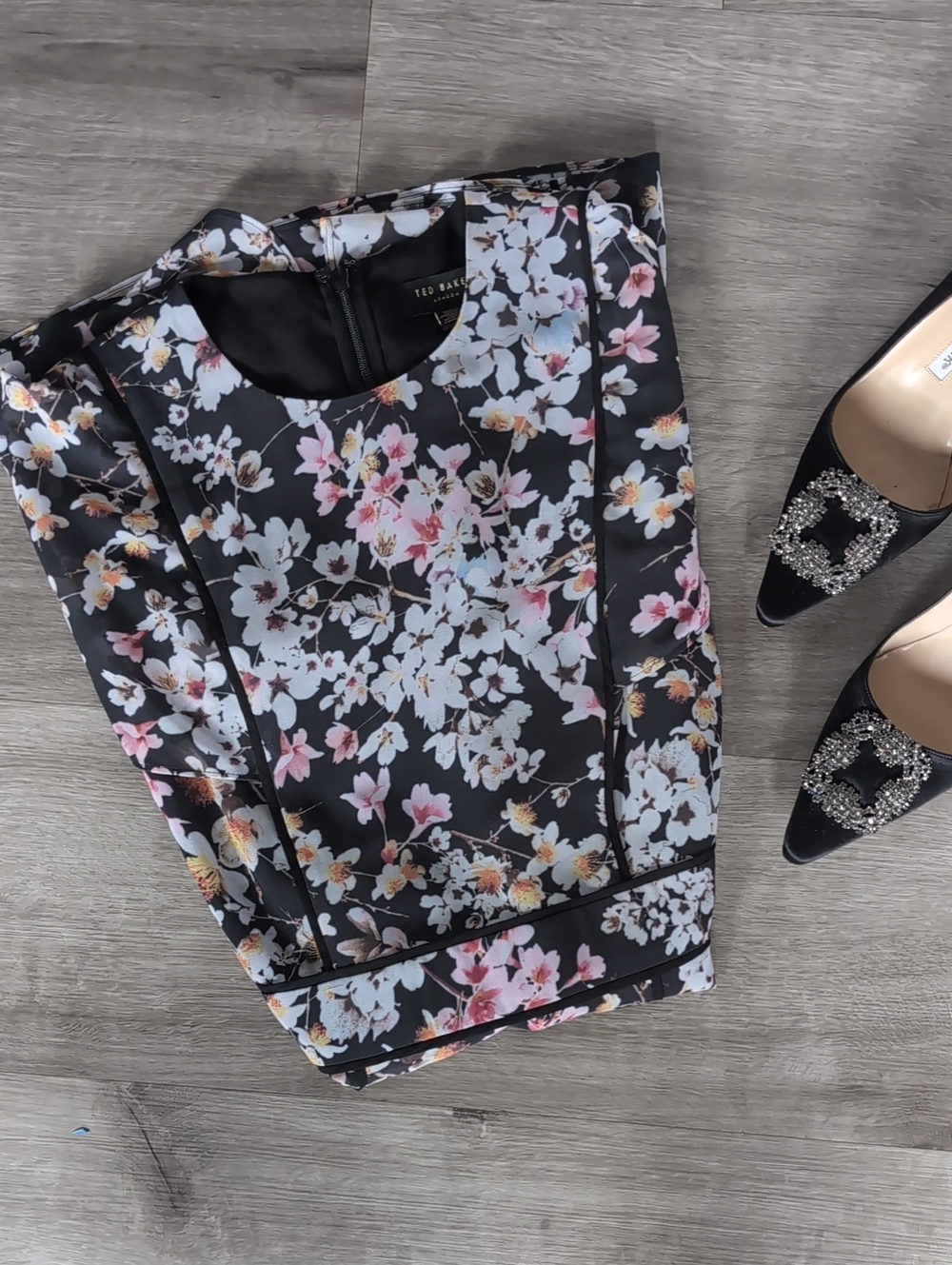 Ted Baker Black Floral Dress - Black with Pink & White Blossoms